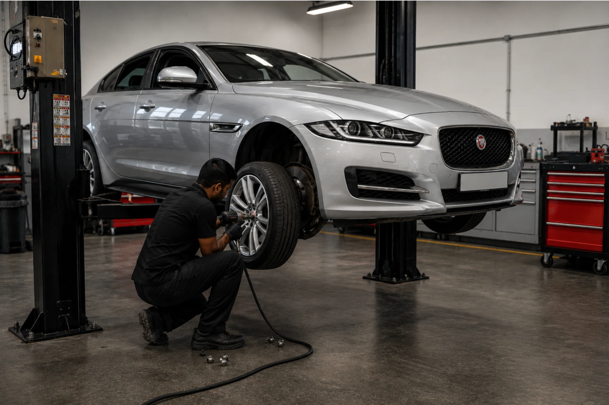 Jaguar XE on lift — brake & wheel service