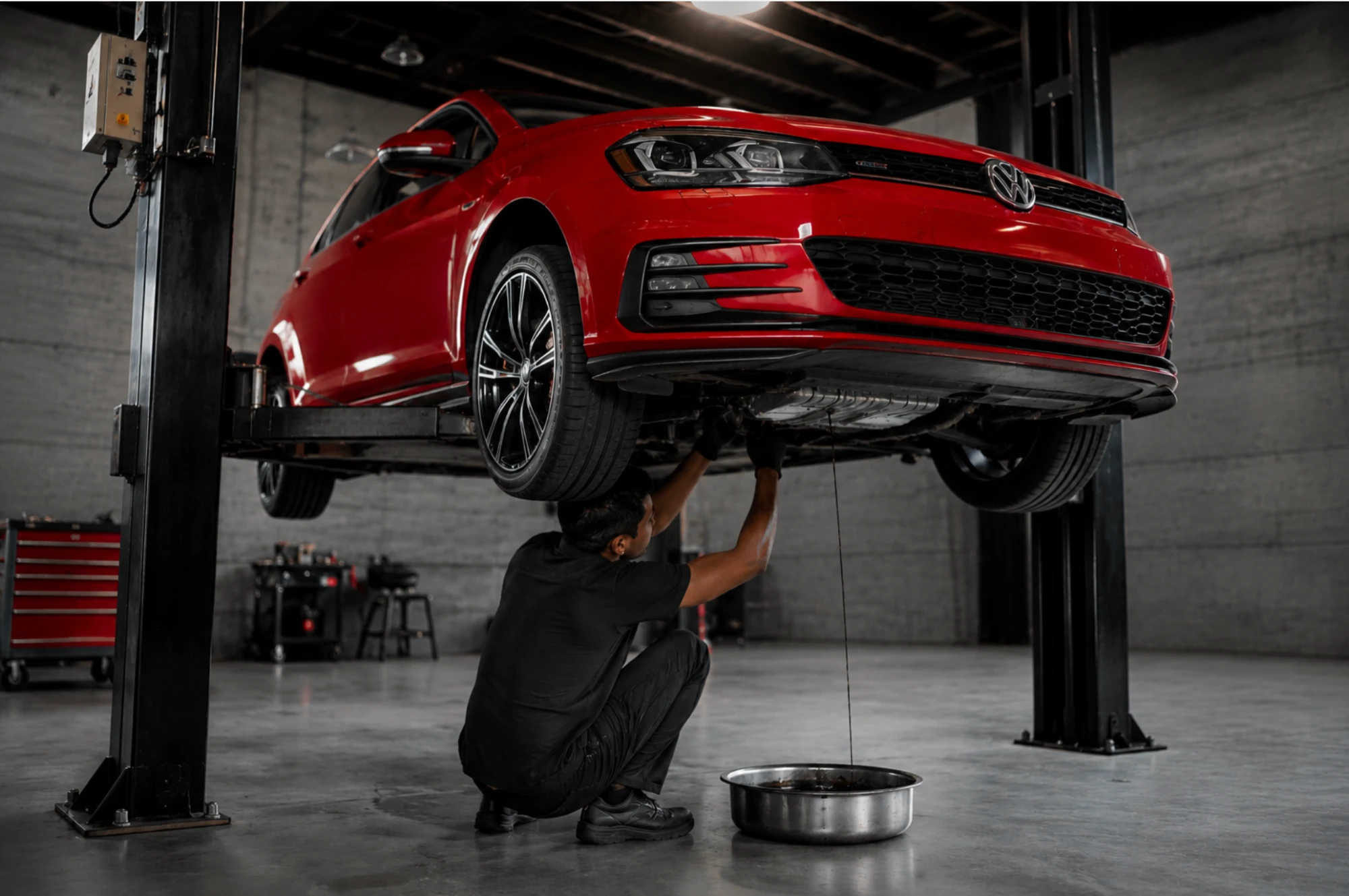 VW on lift — oil change service